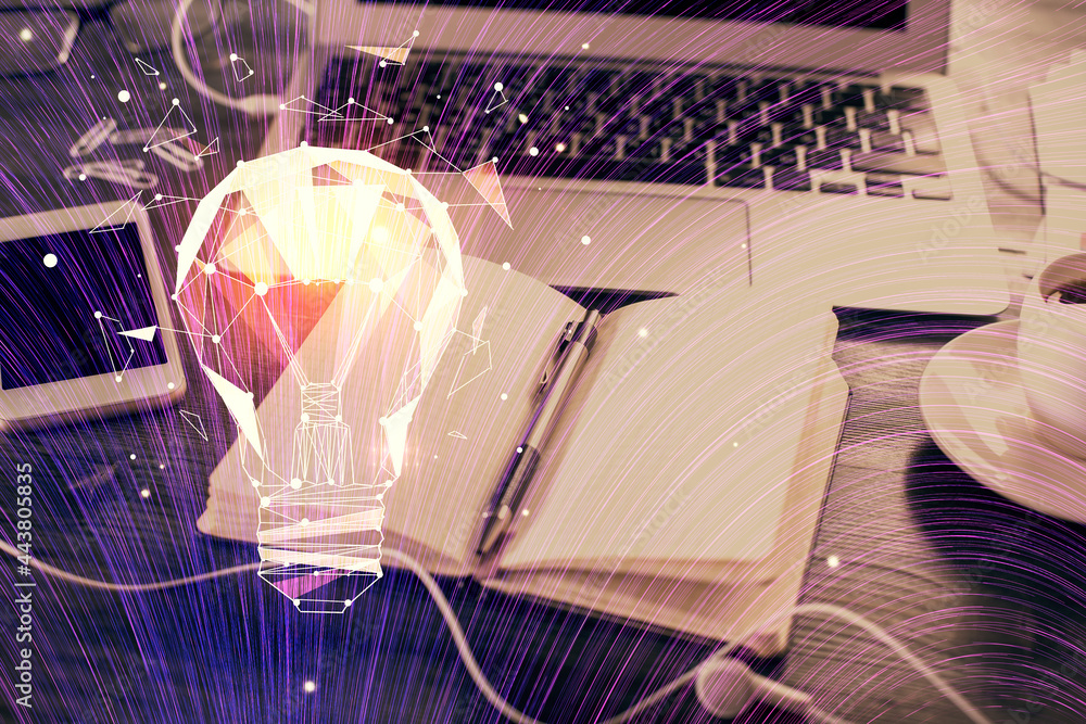 Poster double exposure of bulb drawing and desk with open notebook background. concept of idea