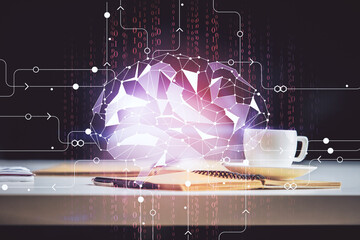 Double exposure of brain drawing and desktop with coffee and items on table background. Concept of...