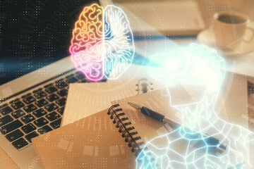 Double exposure of vr glasses drawing and desktop with coffee and items on table background. Concept of Augmented reality.