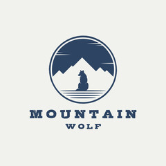 vintage retro badge label emblem sitting wolf logo with silhouette of mountain