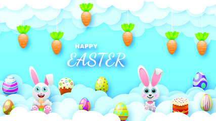 Happy Easter Clouds Rabbits Hares Bannies Carrots Eggs Greeting Background. Vector Design Banner Party Invitation Web Poster Flyer Stylish Brochure, Greeting Card Template