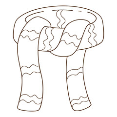 Red scarf with a pattern. Autumn and winter clothing. Design element with outline. Theme of winter, autumn. Doodle, hand-drawn. Black white vector illustration. Isolated on a white background