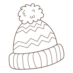 Blue hat with a pompom. Autumn and winter clothing. Design element with outline. The theme of winter, autumn. Doodle, hand-drawn. Black white vector illustration. Isolated on a white background