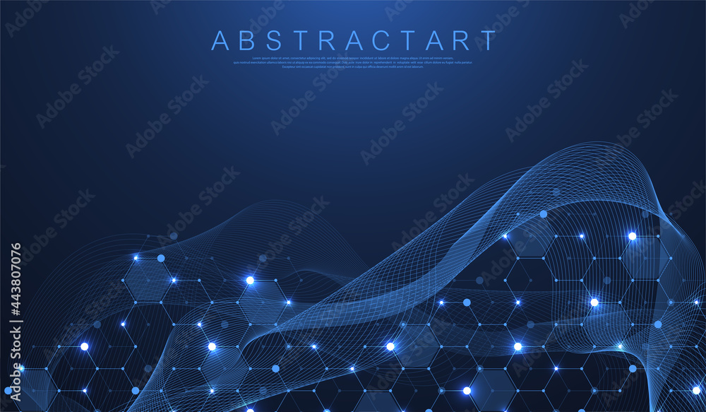 Leinwandbilder Technology abstract lines and dots connect background with hexagons. Hexagon grid. Hexagons connection digital data and big data concept. Hex digital data visualization. Vector illustration.