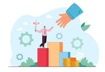 Businessman asking for help. Huge hand rescuing man in emergency flat vector illustration. Teamwork, social community, charity, assistance, solidarity concept website design or landing web page