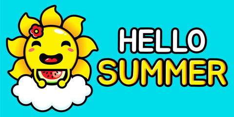 cute cartoon sun in cloud vector design is on hello summer greeting card