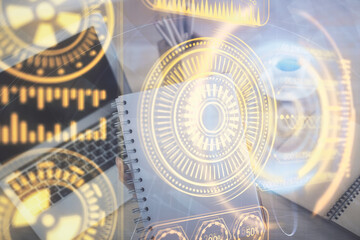 Double exposure of woman hands typing on computer and technology theme drawing. High Tech concept.