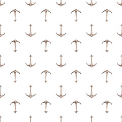 Nautical seamless pattern. Small anchors. Marine fabric, textile, wall, digital paper, packaging design. Watercolor hand painted isolated elements on white background.
