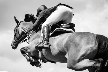 Black and white Equestrian Sports photo-themed: Horse jumping over the obstacle.