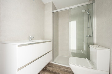 Fototapeta na wymiar Conventional white wash basin, glass-enclosed shower, tiled floor imitating wood and gray-toned tiles