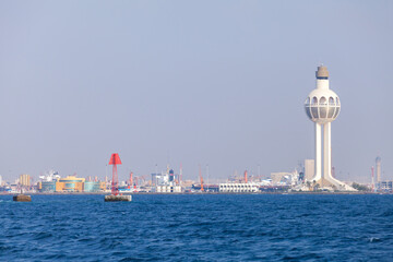 Port of Jeddah, Saudi Arabia. Skyline with white control tower