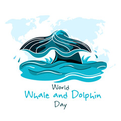 World Whale and Dolphin Day. The tail of a whale above the waves on the background of the world map. Template for a banner, postcard, poster, web greeting. Vector isolated on a white background.