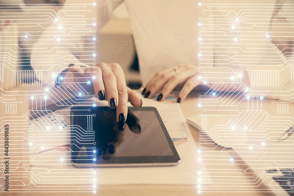 Poster double exposure of tech icon hologram and woman holding and using a mobile device. technology concep