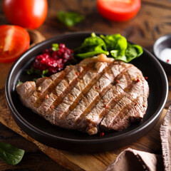 Grilled beef steak with fresh spinach