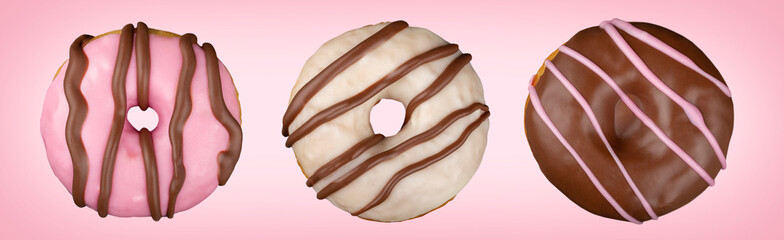 Various Colorful Donuts Isolated on Pink Background.