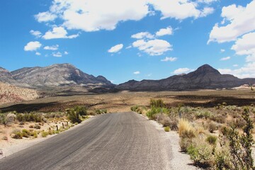 Beautiful panoramic view of a desert road between mountains.