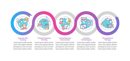 ASD treatment methods vector infographic template. ABA techniques presentation outline design elements. Data visualization with 5 steps. Process timeline info chart. Workflow layout with line icons