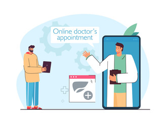 Patient consulting doctor online through huge phone. Medical professional on screen, online appointment flat vector illustration. Healthcare, technology concept for website design or landing web page