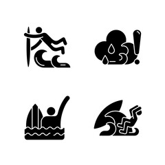 Water sports black glyph icons set on white space. Superman surfing technique. Checking weather. Emergency signal. Protecting head while falling. Silhouette symbols. Vector isolated illustration