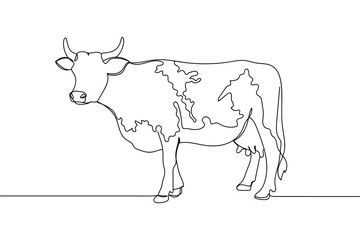Continuous one line of the cow farm concept in silhouette on a white background. Linear stylized.Minimalist.