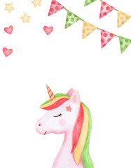A hand drawn watercolor image of a cute unicorn. The head of an animal on a white background. Template for a poster and a greeting card.