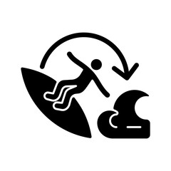 Carve surfing maneuver black glyph icon. Turning board through complete angle on wave face. Full three-hundred-and-sixty-degree rotation. Silhouette symbol on white space. Vector isolated illustration