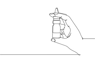 Continuous one line of spray for a nose in hand in silhouette on a white background. Linear stylized.Minimalist.