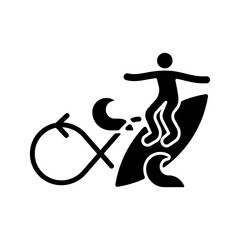 Performing roundhouse cutback in surfing black glyph icon. Turning board in opposite wave motion direction. Advanced surfing manoeuvre. Silhouette symbol on white space. Vector isolated illustration