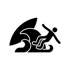 Surf wipeout black glyph icon. Being thrown off surfboard by breaking waves. Leading to broken boards and injuries. Losing consciousness. Silhouette symbol on white space. Vector isolated illustration