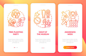 Charity fundraising events onboarding mobile app page screen. Awareness week walkthrough 3 steps graphic instructions with concepts. UI, UX, GUI vector template with linear color illustrations