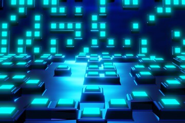 Abstract cube glow blue light effect on dark blue background. 3D rendering.