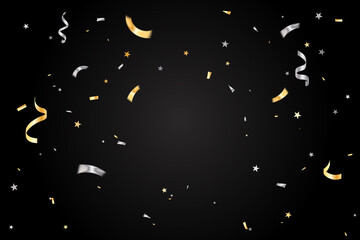 Many Falling Golden and Silver Tiny Confetti With Ribbon isolated On Black Background. Celebration Event and Party. Multicolored. Vector