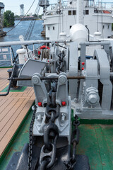 mooring winches on the deck of a container ship, equipment on the deck of a ship.