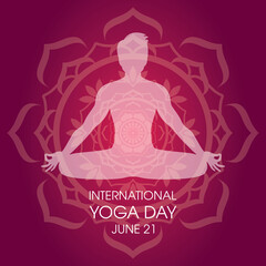 Fototapeta na wymiar International Yoga Day Poster with man in yoga position silhouette vector. Meditating man with mandala icon vector. Young man in sitting yoga lotus pose vector. June 21, Important day