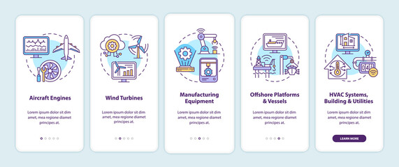 Digital twin application onboarding mobile app page screen. Aircraft engines walkthrough 5 steps graphic instructions with concepts. UI, UX, GUI vector template with linear color illustrations