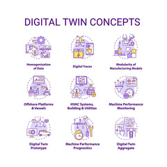 Digital twin concept icons set. Digital twin characteristics. Smart technologies. Automation equipment idea thin line color illustrations. Vector isolated outline drawings. Editable stroke