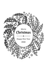 Christmas hand drawn vector greeting card design template. Vintage style botanical illustration. Winter plants xmas banner.