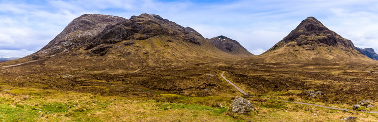A panorama view looking towards Glencoe, Scotland on a summers day