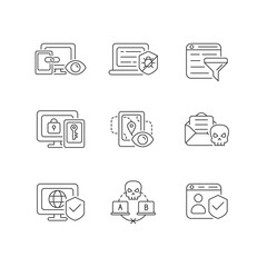 Internet surveillance linear icons set. Cross-device tracking. Anti-malware. Multi-factor authentication. Customizable thin line contour symbols. Isolated vector outline illustrations. Editable stroke