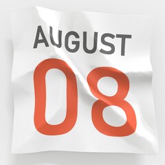 August 8 date on crumpled paper page of a calendar, 3d rendering