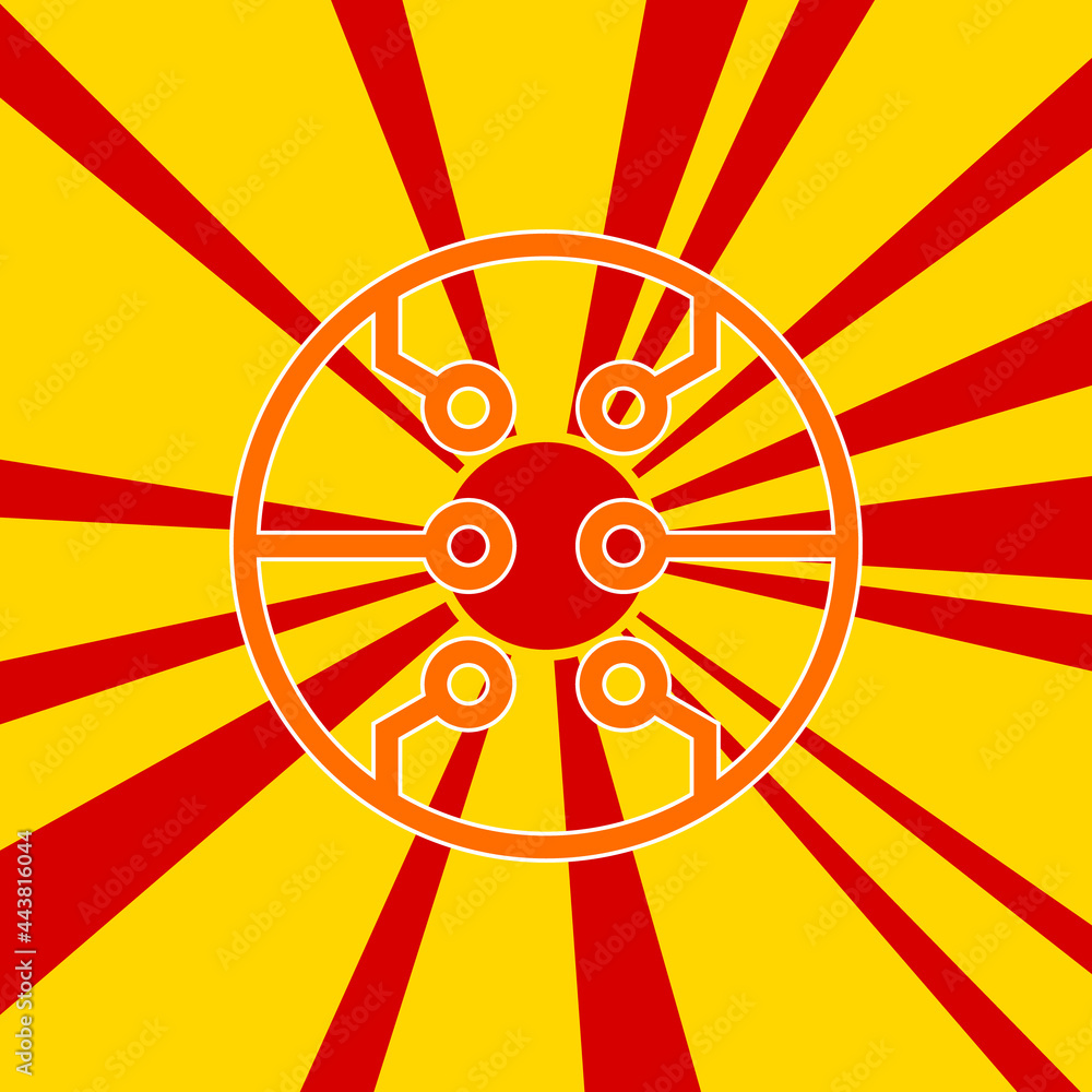 Aufkleber microcircuit symbol on a background of red flash explosion radial lines. the large orange symbol is 