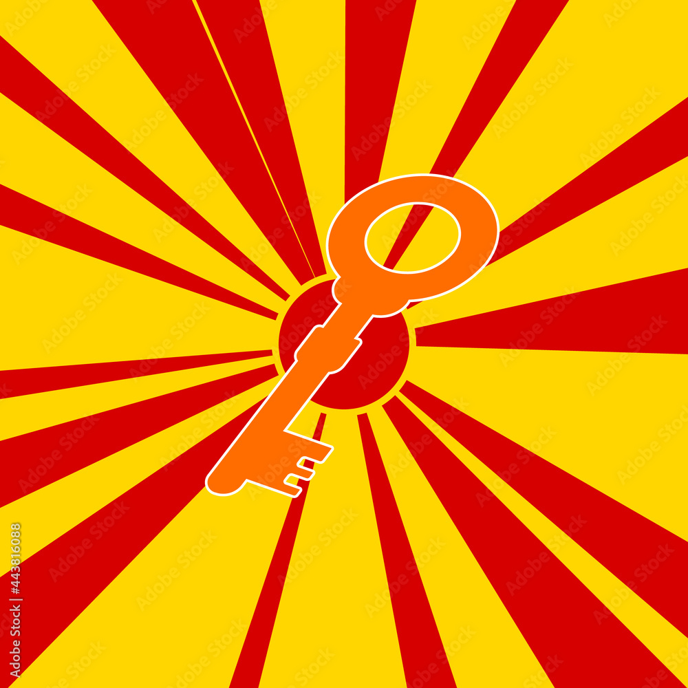 Poster old key symbol on a background of red flash explosion radial lines. the large orange symbol is locat