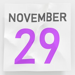 November 29 date on crumpled paper page of a calendar, 3d rendering