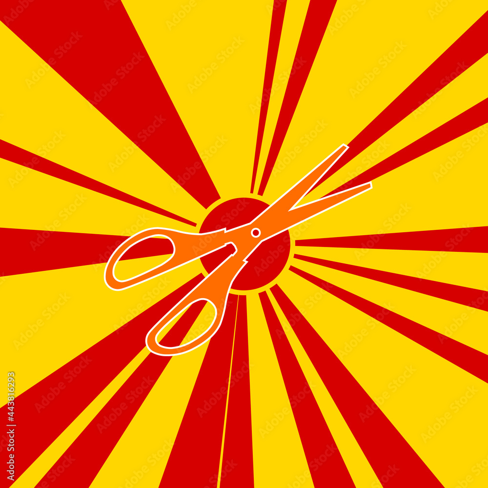 Poster scissors symbol on a background of red flash explosion radial lines. the large orange symbol is loca