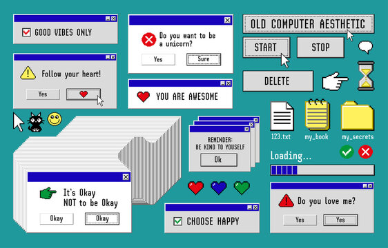 Old Computer Aestethic 1980s -1990s. Set With Retro Pc Elements, User Interface, Icons And Technology Illustrations.