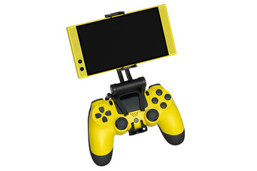 Realistic yellow joystick for playing games on mobile phone on white background © Vasyl Onyskiv