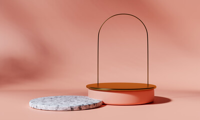Golden product podium with arch and marble podium
