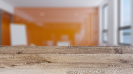 Background with empty wooden table. Flooring. Modern office Cabinet.  3D rendering.   Meeting room
