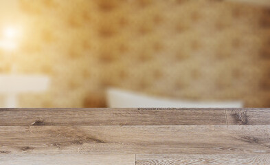 Background with empty wooden table. Flooring. Spacious bathroom in gray tones with heated floors, freestanding