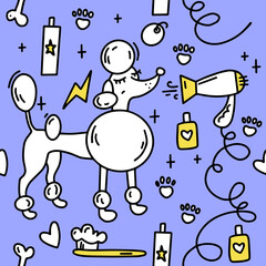 Dog grooming pattern. Dog grooming. Groomer. Grooming tools. Doodle pattern. For backgrounds, packaging, textile and various other designs.
